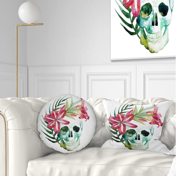 Designart Watercolor Skull with Flowers - Floral Throw Pillow - 12x20
