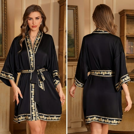 Elegant Retro Robe New Chinese Style Nightgown Satin Bathrobe Kimono Gown Spring Summer Sexy Casual Satin Home Wear Lingerie (Black One Size)