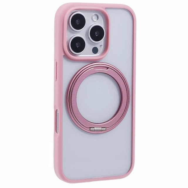 For iPhone 16 Pro Max Phone Case Ring Holder Kickstand PC+TPU Phone Cover - Pink