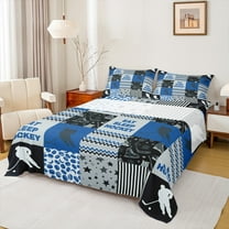 Manfei Blue Patchwork Stripes Full Size Sheets for Teen, Modern Ice Hockey Bed Sheets, Sports Game Sheet Sets, Breathable Home Decor, 4 Pieces