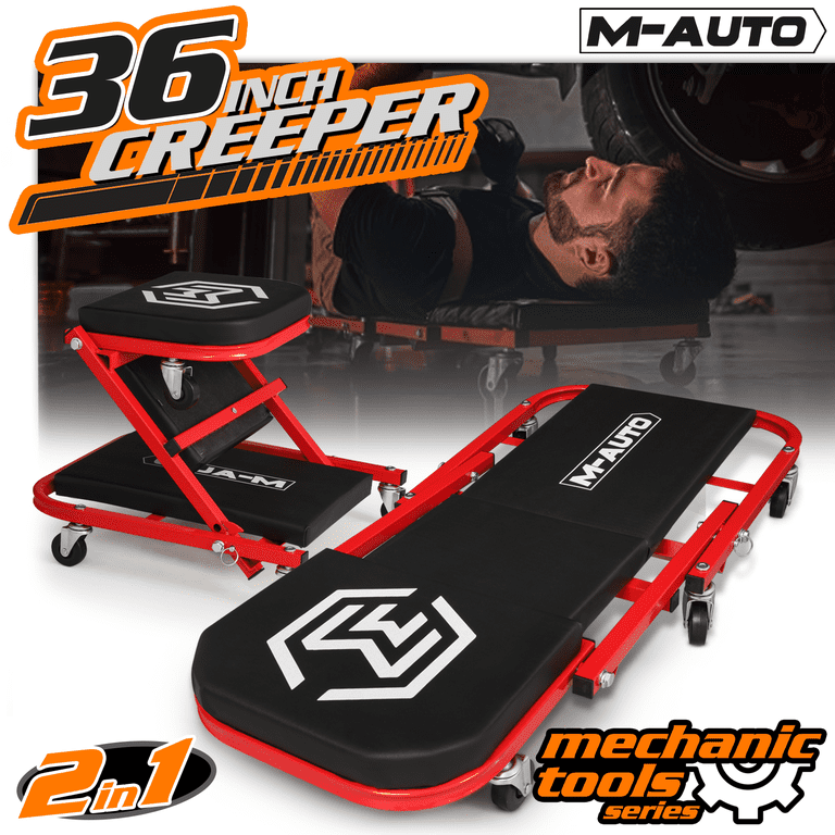 DNA Motoring 36" 2-in-1 Foldable Rolling Mechanic Creeper Seat & Work Stool – Red/Black 3 thumbnail image