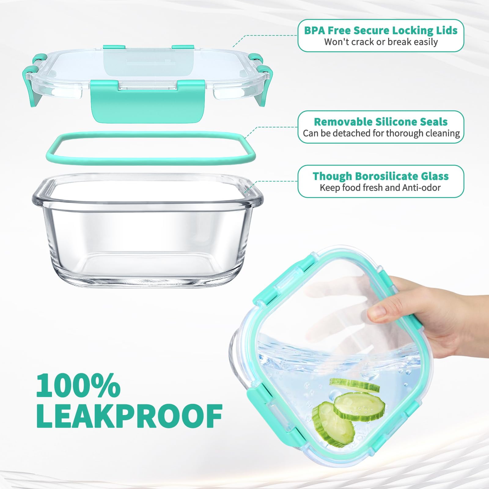 34pcs Glass Food Storage Containers with Lids Set, Airtight Meal Prep Containers (17 Containers & 17 Lids), Green