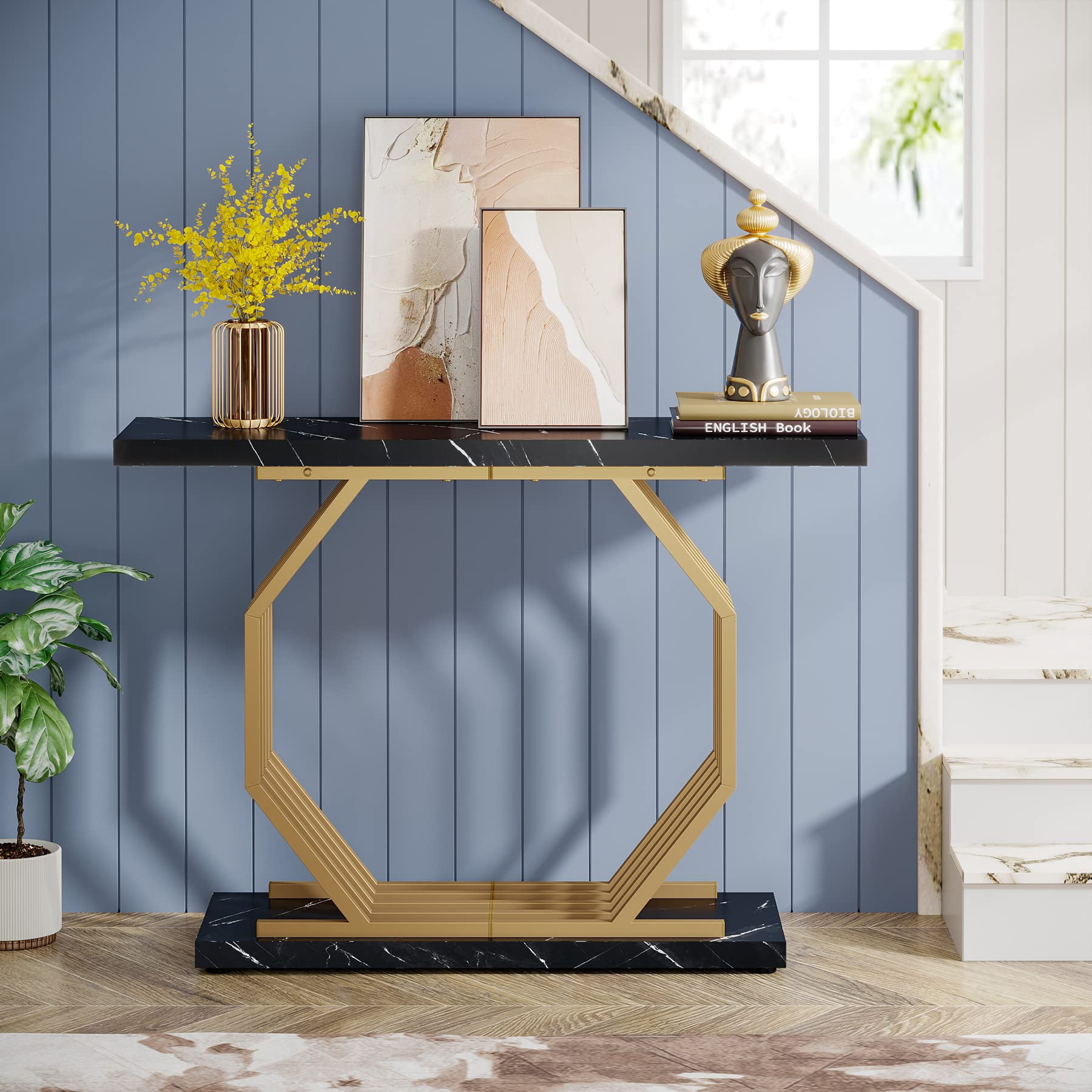 Tribesigns Gold Console Table, Faux Marble Entryway Table Narrow Sofa Table with Geometric Metal Base, 40 Inch Modern Accent Table Entrance Table for Living Room, Hallway, Foyer, Black and Gold