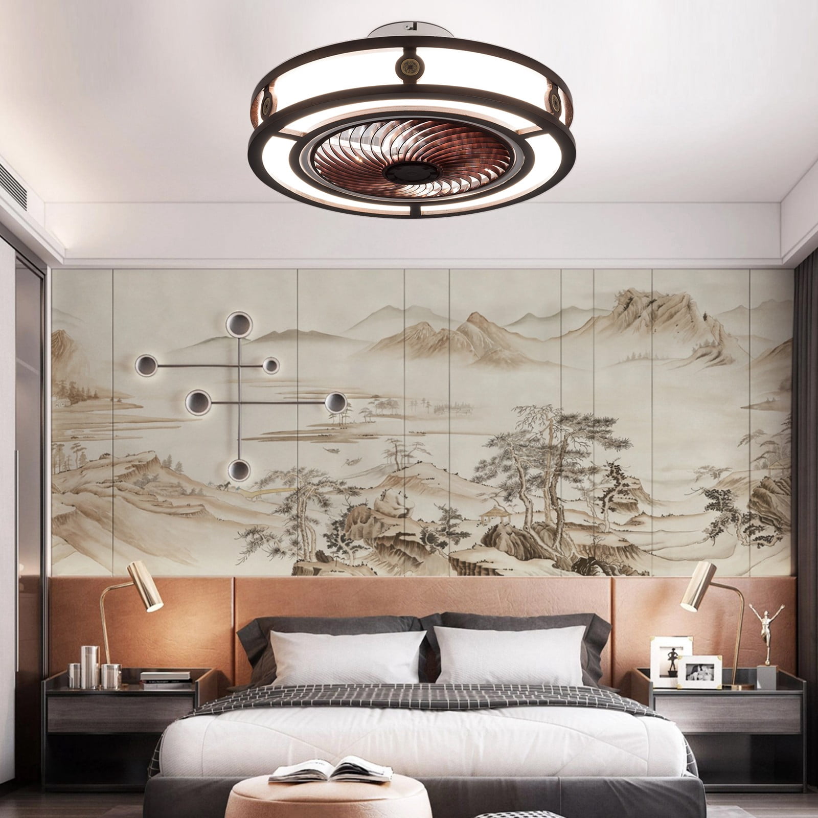Caged Low Profile Ceiling Fans With Light, Flush Mount Farmhouse Fandelier With Remote Control, Dimmable/Wind Speed/Timer/with bulb, Small Enclosed Bedroom Kitchen Ceiling Fan