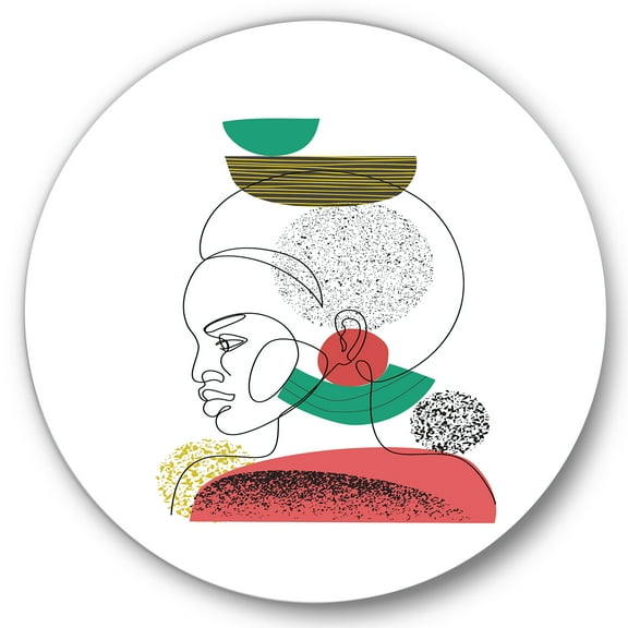 Designart 'One Line Portrait of Afro American Women VI' Modern Circle Metal Wall Art 36x36 - Disc of 36