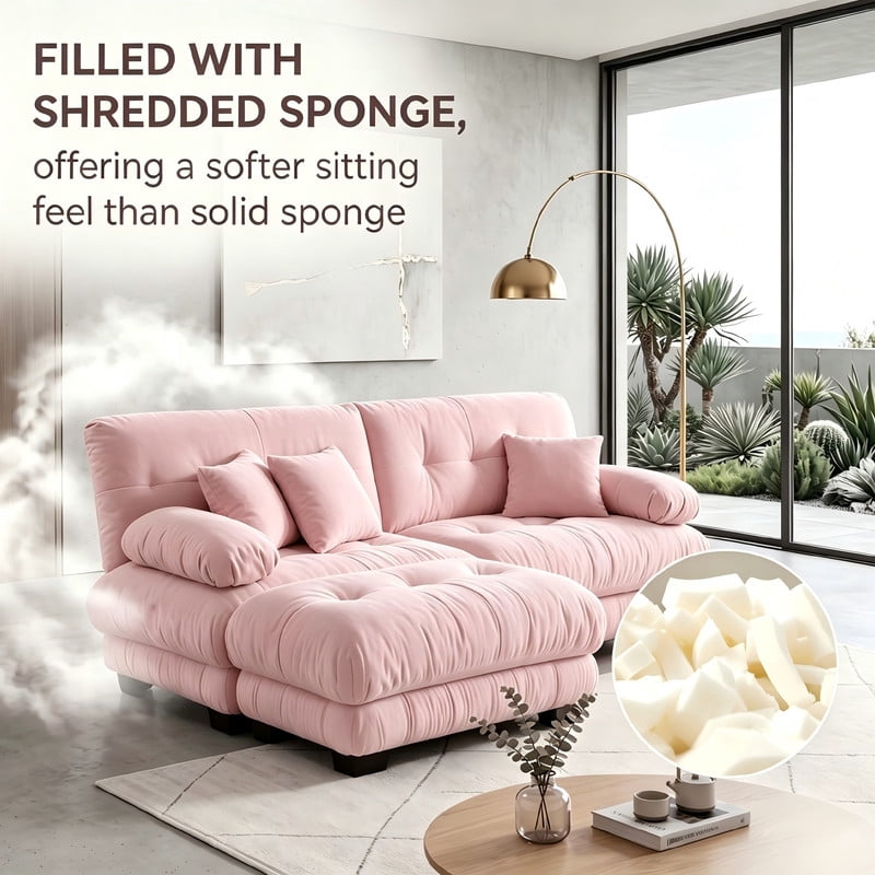 ANPPORT Cloud Couch Sleeper Sofa, Chenille Pink 2-Seater Modular Sofa with 1 Ottomans, 2 Lumbar pillows, 2 Pillows, Comfy Deep Seat Cloud Sofa, Convertible L-Shaped Floor Couch for Living Room