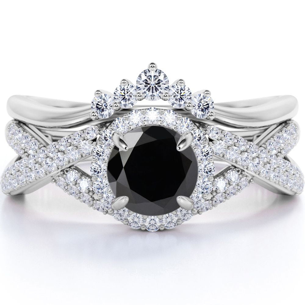 JeenMata Crown Halo Crossover 1.15 Carat Round Shaped Double Pave Wedding Ring Set in 18K White Gold Plating over Silver