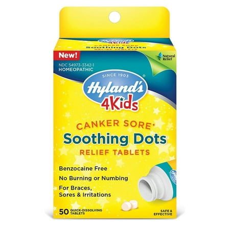 - Hyland's 4 Kids Canker Sore Treatment, Natural Pain Relief of Mouth Ulcer, Braces, and Oral Irritation, 50 Tablets, SAFE AND NON-HABIT.., By Hylands Homeopathic