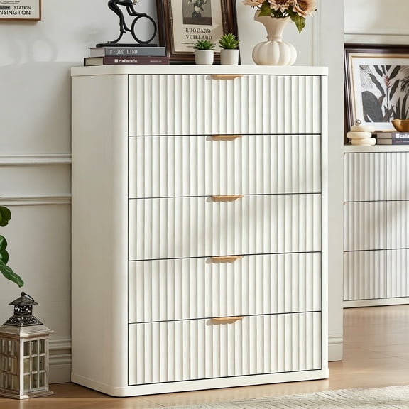 LELELINKY 41" Fluted 5-Drawer Dresser, Farmhouse Chest with Metal Handle & Curved Profile for Bedroom, Antique White