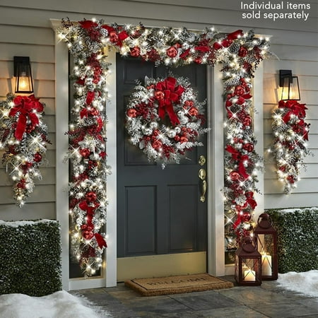 Leaveforme Christmas Artificial Wreath Flocking Snow Covered Rattan Upside Down Tree Red Bowknot Ribbon Scene Layout Shiny Balls Xmas Door Decor Hanging Garland Pendant for Party