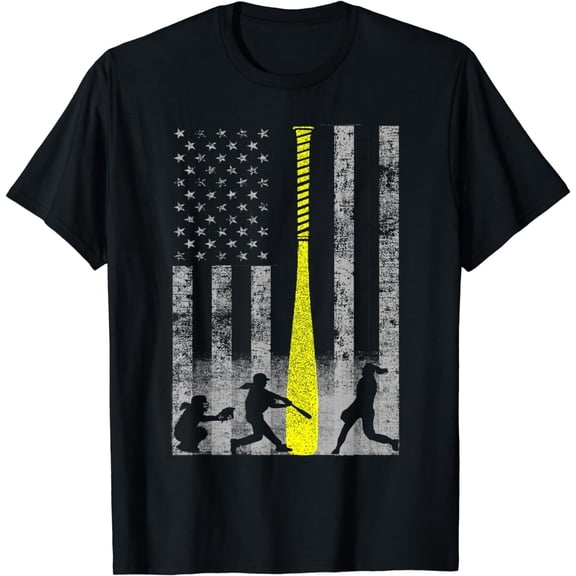 USA American Flag Softball Baseball Player Silhouette Distressed Vintage Retro Graphic T-Shirt Short Sleeve Activewear Casual Tee for Men Women