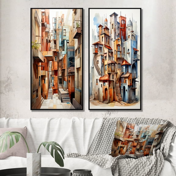 Designart "Multidimensional Cubist Art I" Cubism Framed Wall Art Set Of 2 - Multi-Color Abstract Framed Canvas Set For Living Room Decor