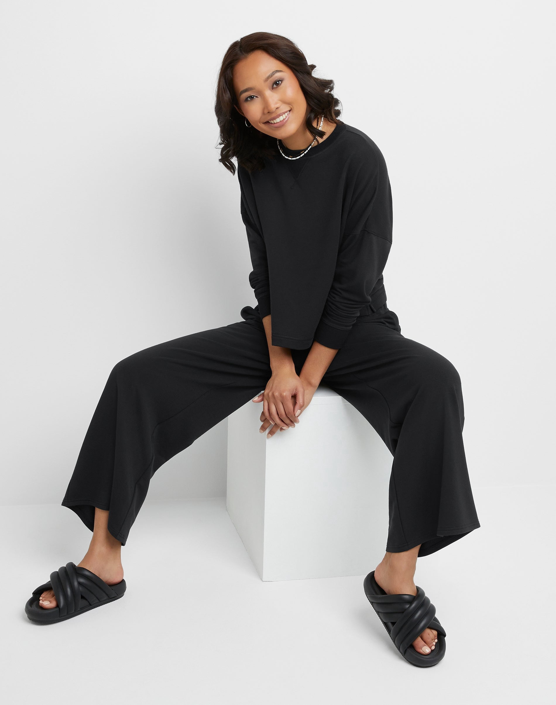 Hanes Originals Women's Soft Brushed Fleece Palazzo Pants, 28.5" Black XS