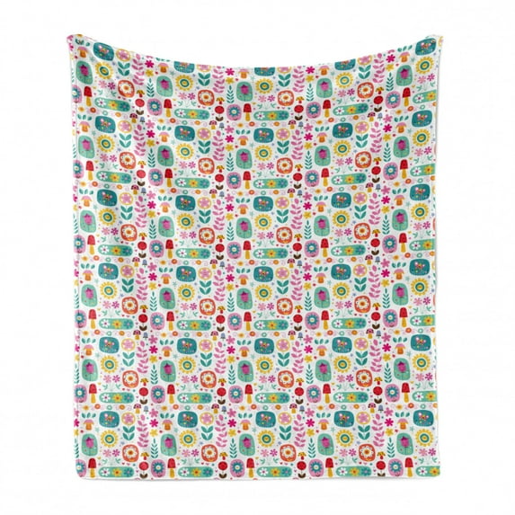 Cartoon Soft Flannel Fleece Blanket, Happiness Theme with Funny Flowers Leaves Botany Blossoms Spring Joyful Caricature, Cozy Plush for Indoor and Outdoor Use, 50" x 60", Multicolor, by Ambesonne