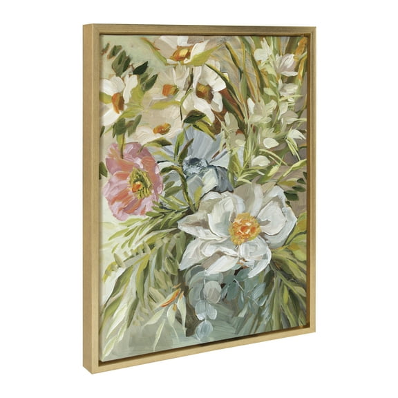 Kate and Laurel Sylvie Flower Garden Framed Canvas Wall Art by Annie Quigley, 18x24 Gold, Soft Botanical Floral Bouquet Art for Wall Home Decor