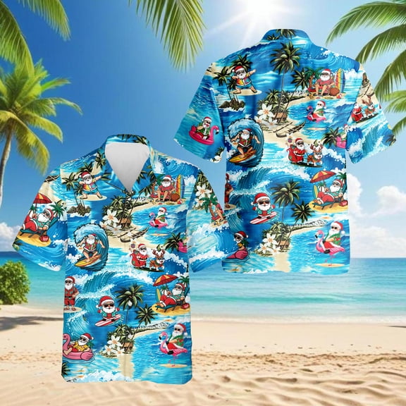 Funny Santa Claus Surfing Dolphin Hawaiian Shirt for Men, Tropical Style, Button Down Summer Beach Short Sleeve, S-5XL
