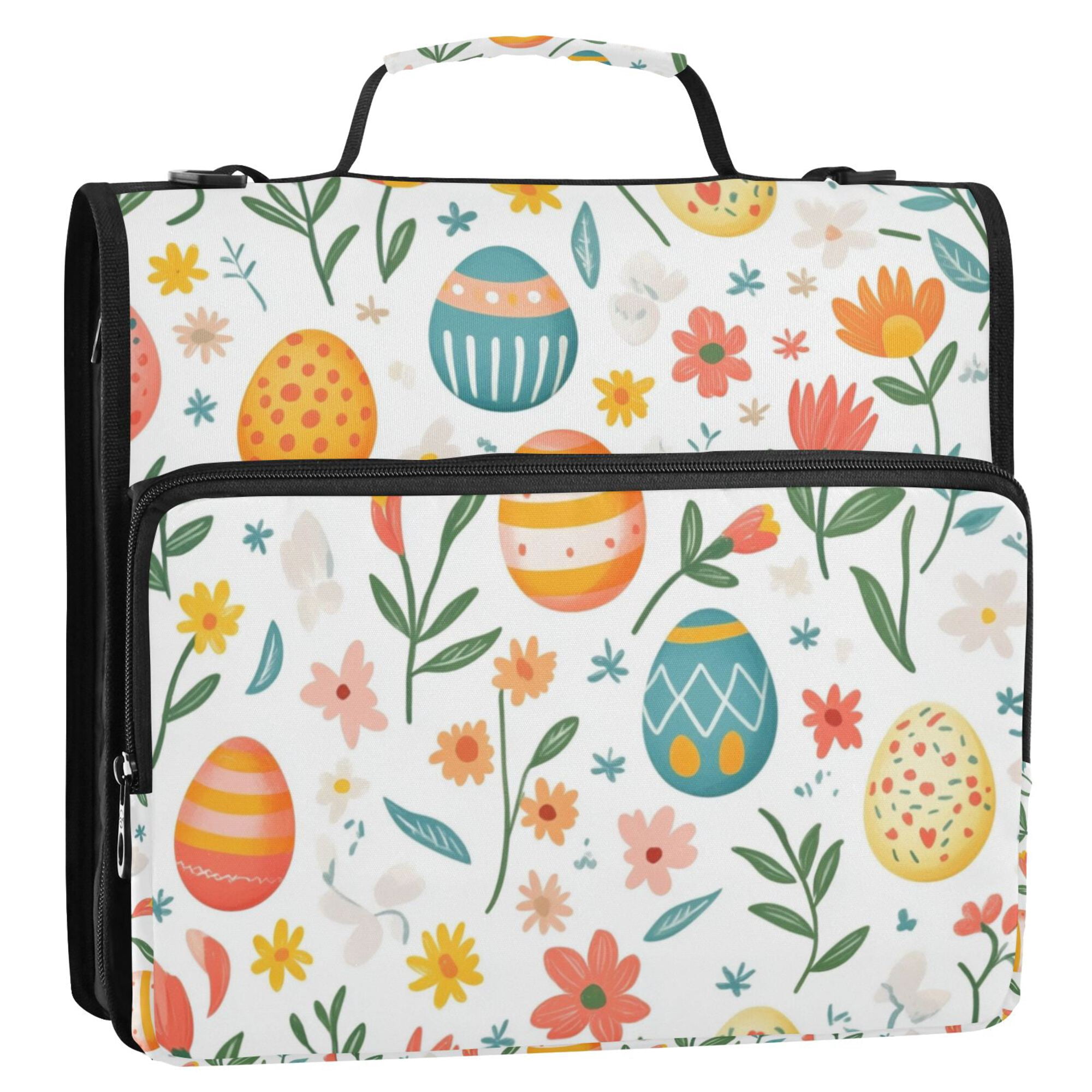 FORMRS Zipper Binder with Shoulder Strap 2-inch Ring 500 Sheet Capacity File Bag, Floral Easter Eggs