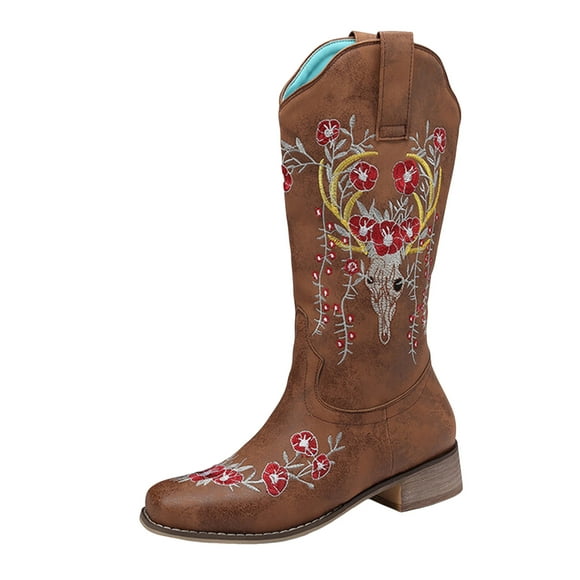 Womens Wide Calf Cowboy Cowgirl Boots with Colored Floral Embroidered Country Leather Square Toe Pull on Mid Calf Dress Tall Boots