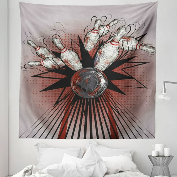 Bowling Party Tapestry, Bowling Ball Crashing into Pins Retro Blast Effect Sketchy Art Design, Fabric Wall Hanging Decor for Bedroom Living Room Dorm, 5 Sizes, Mauve Grey Red, by Ambesonne