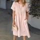 thumbnail image 2 of Vestido largo retro con bolsillo y cuello redondo de manga corta sólida a la moda para mujer Pompotops ghjkhdj12652, 2 of 6