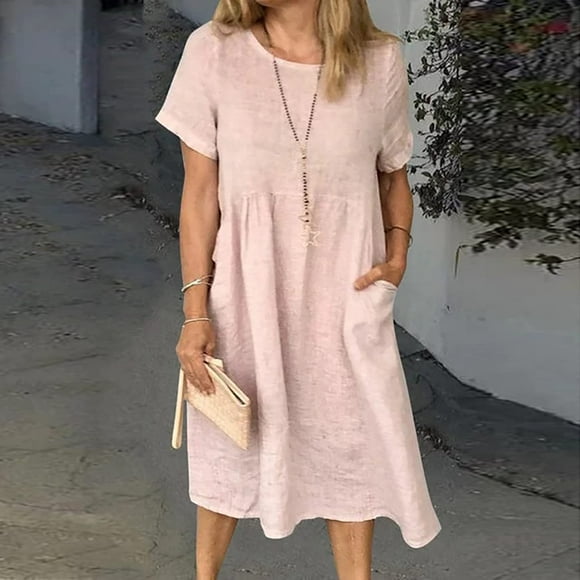 Jsaierl Cotton Linen Dresses Women Casual Summer Short Sleeve Maxi Dress Cute Solid Color Crewneck Dress Vacation Soft Dresses 2024
