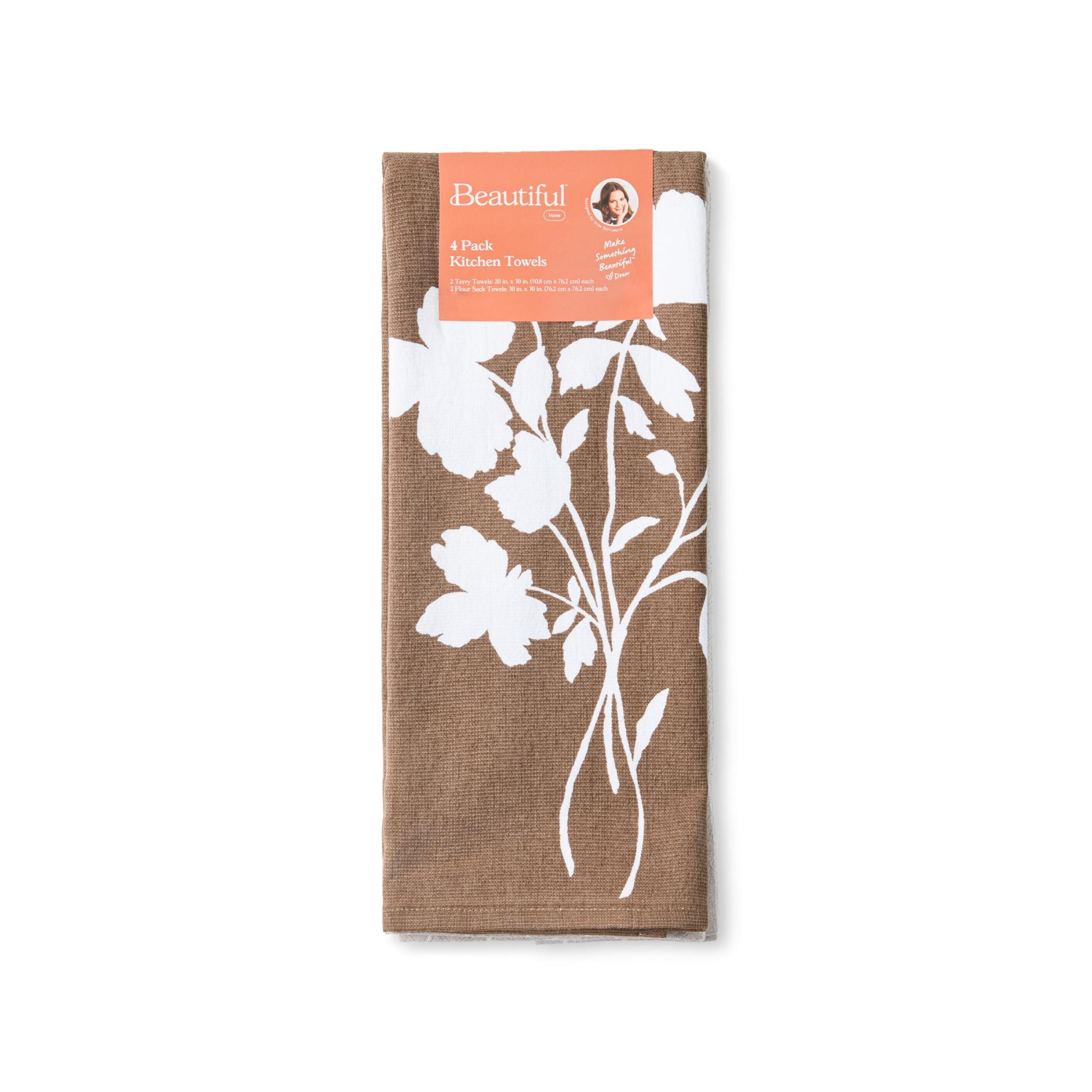 Beautiful 4-Piece Kitchen Towel Set, Brown by Drew Barrymore