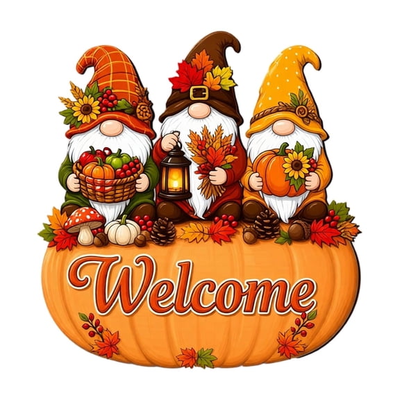 Vintage Rustic Wooden Welcome Sign Wall Hanging Decor, 3D Carved Gnome Pumpkin Harvest Door Plaque, Fall Autumn Wall‑Mounted Ornament for Porch, Entryway and Home Farmhouse Decoration