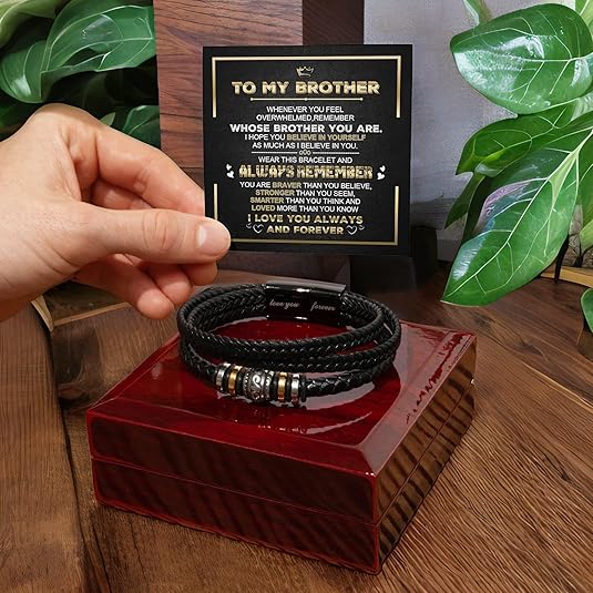 To My Brother Bracelet, Christmas Gift for Brother, Leather for Men With Message Card and LED Box, Brothers Bracelets Gift, Birthday Gift for Brother From Sister