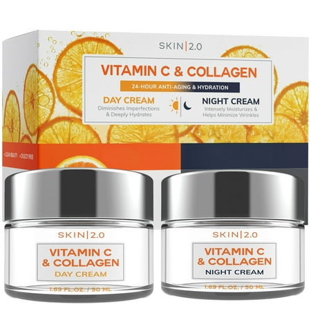 Skin 2.0 Vitamin C & Collagen Day & Night Face Moisturizer Cream - Dermatologist Tested, Brightening, Anti-Aging, Clean Beauty, Cruelty-Free Korean Skincare for All Skin Types - 1.69 oz (2-Pack)