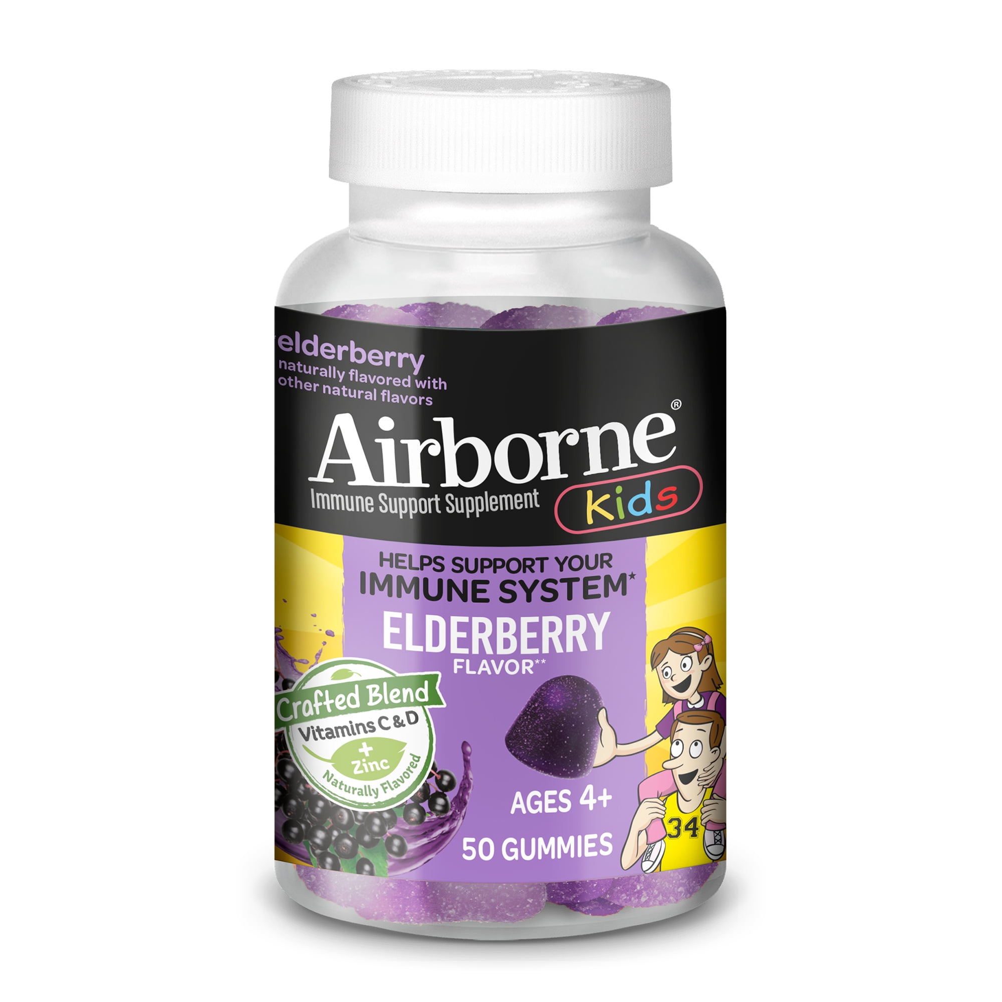 Airborne Elderberry + Zinc & Vitamin C Gummies For Kids, Immune Support Zinc Gummies with Powerful Antioxidants Vit C D & E - (50 count bottle)