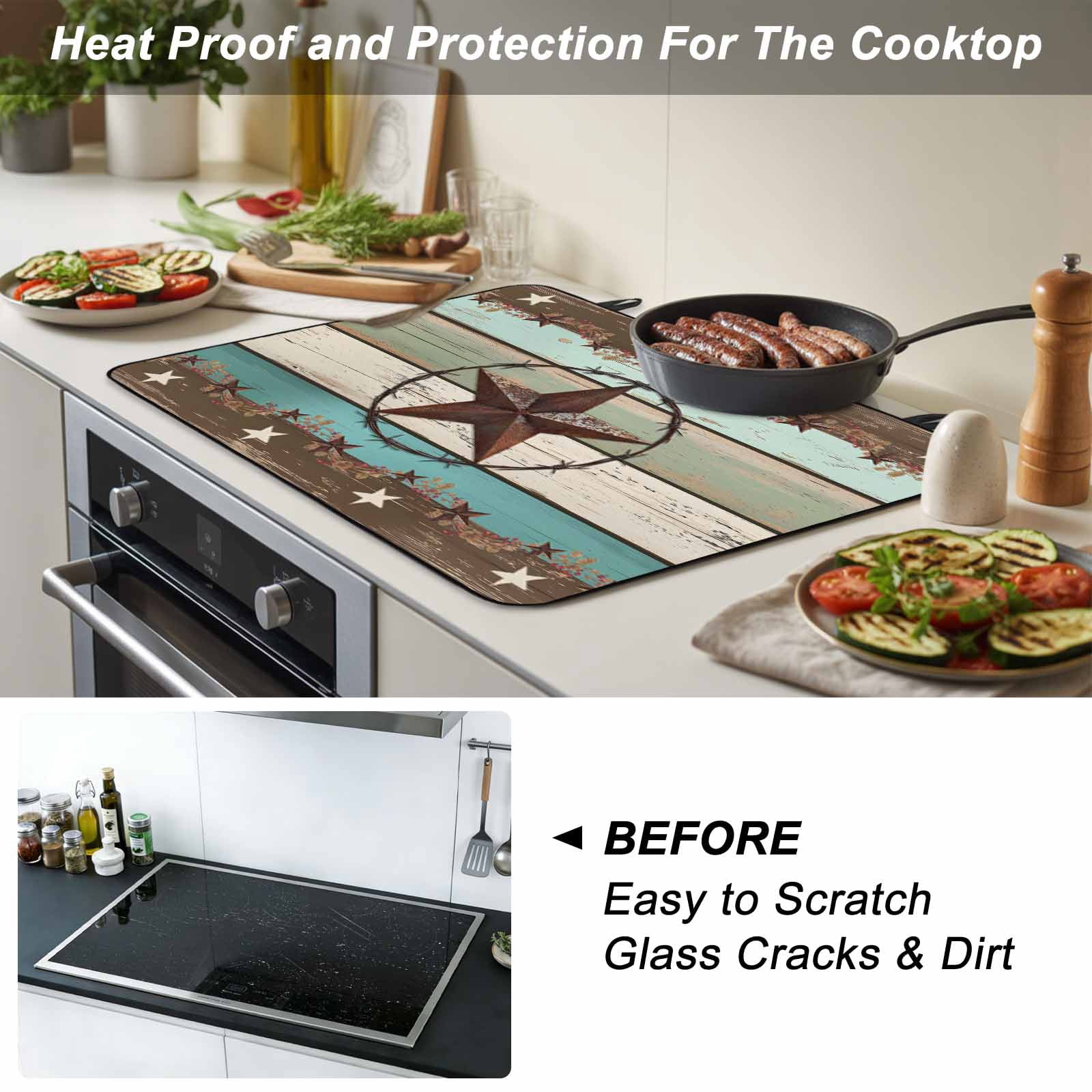 Teal Brown Texas Star Stove Top Cover for Electric Stove, Heat-proof & Non Slip Glass Top Stove Cover Protector, Farmhouse Country Wooden Kitchen Flat Cooktop Rubber Mat 24x21 Inches