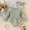 thumbnail image 2 of CAICJ98 Infant Baby Girl Bubble Romper Boho Clothes Long Sleeve Cotton Smocked Bodysuits for Baby Girl Fall Winter Outfit with Headband (Light Green,12-18 Months), 2 of 7