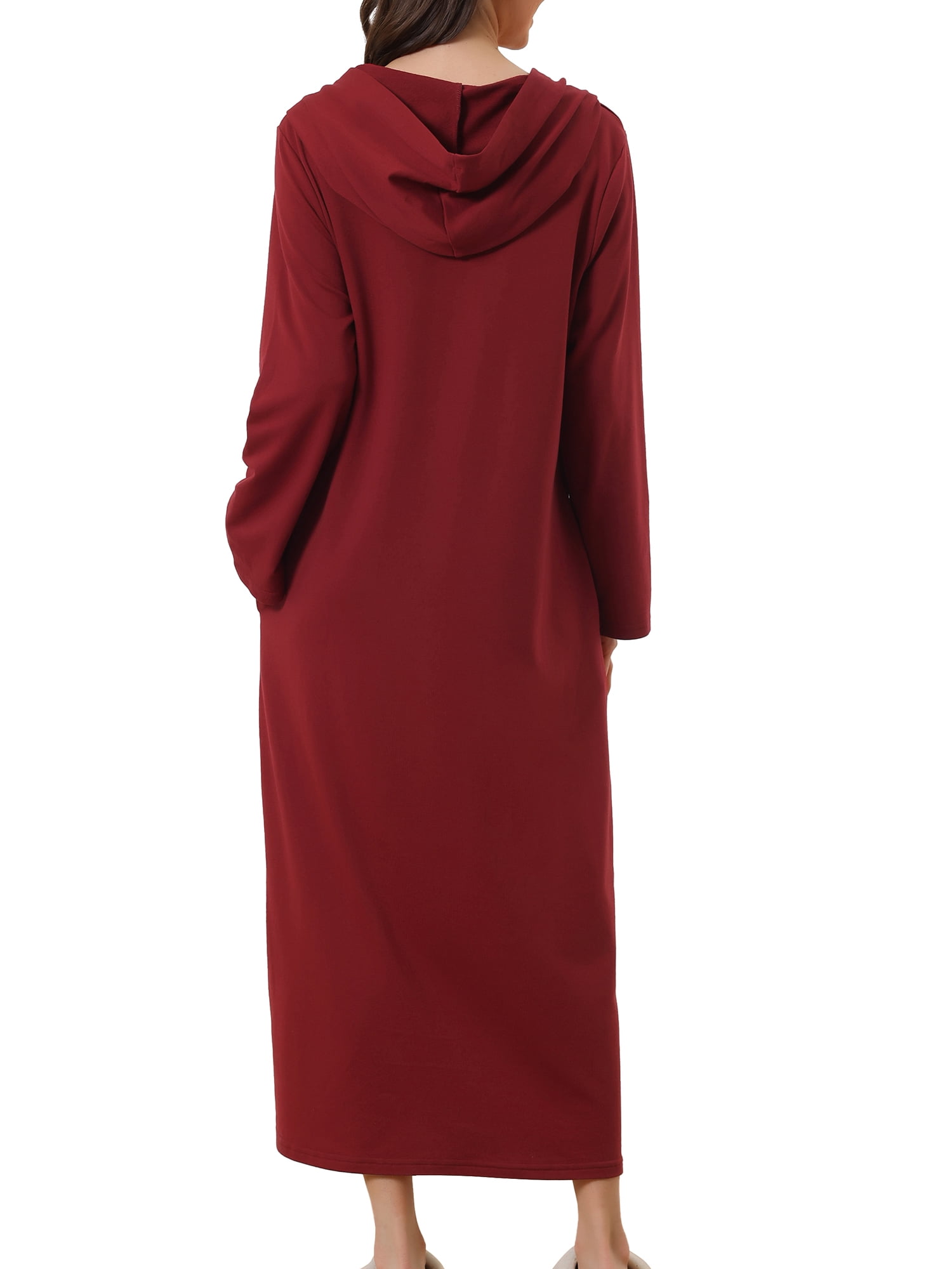 Unique Bargains Womens Robe Zip up Hooded House Dress Nightshirt Hoodie Long Bathrobe XL Red