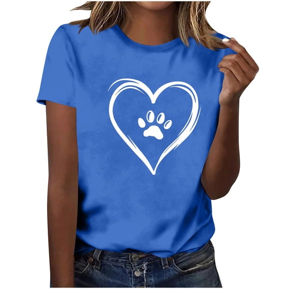 Felirenzacia Pet Mom's Heart Design Graphic Short Sleeves T Shirt Summer Casual Cotton Pullover Tee Tops for Big and Tall Women Blue,L