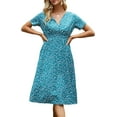 thumbnail image 3 of Women Summer Floral Print V-Neck Dress Short Sleeve High Waist Midi Slim-Fit A-Line Dresses Beach Streetwear, 3 of 13