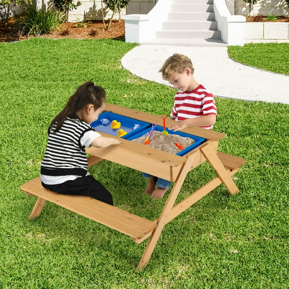 Infans 3-in-1 Kids Picnic Table Wooden Outdoor Water Sand Table w/ Play Boxes