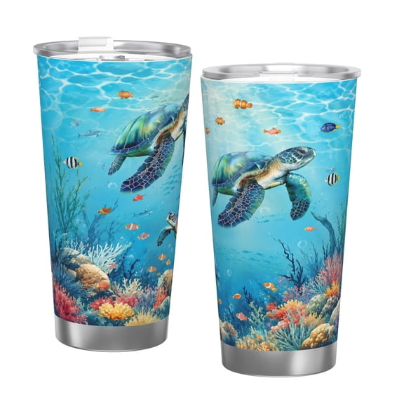 20oz Sea Turtle Ocean Coral Reef Insulated Tumbler with Handle and Straw Travel Cup Car Cup with Single Silver Rim