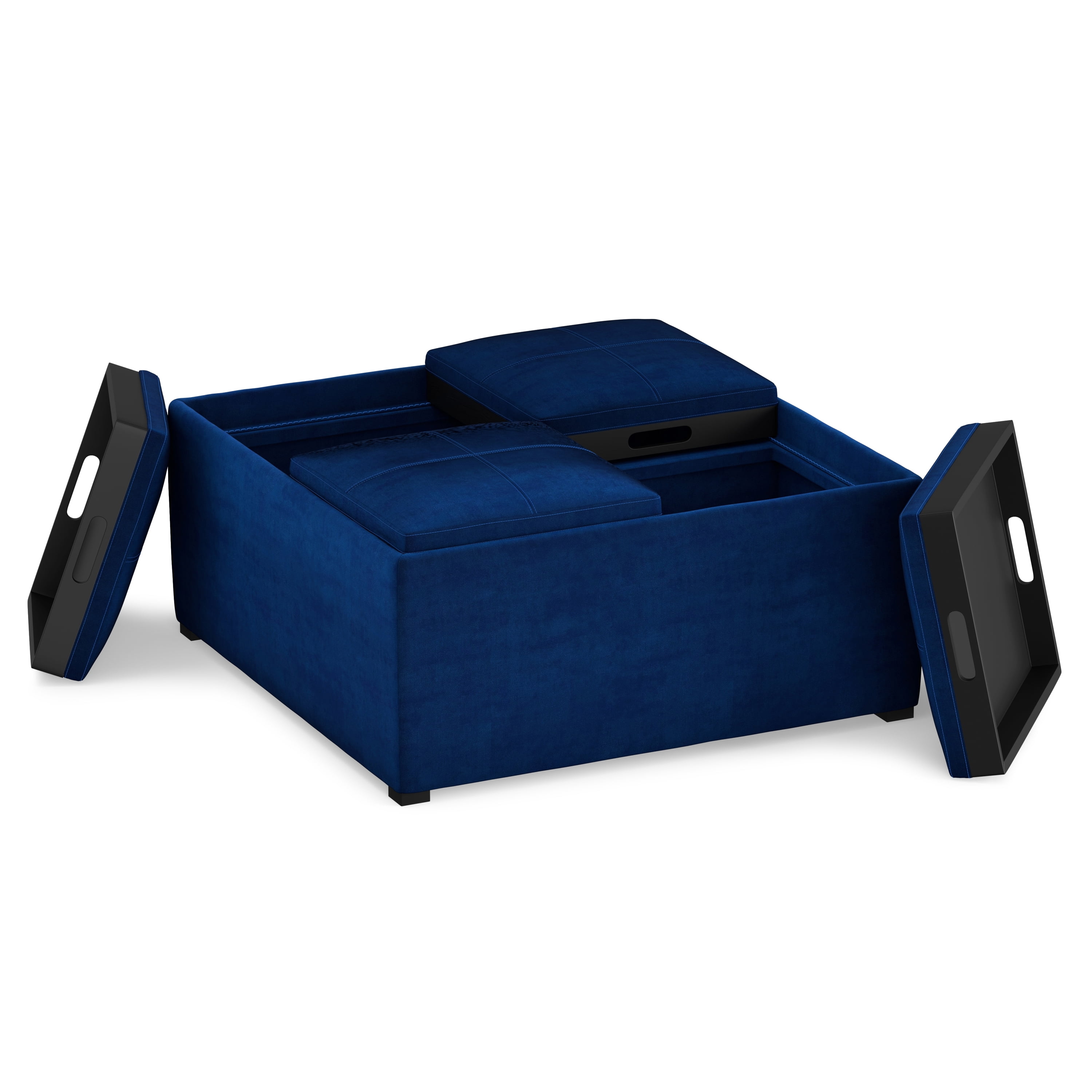 Avalon 35 inch Wide Contemporary Square Coffee Table Storage Ottoman in Blue Velvet Fabric