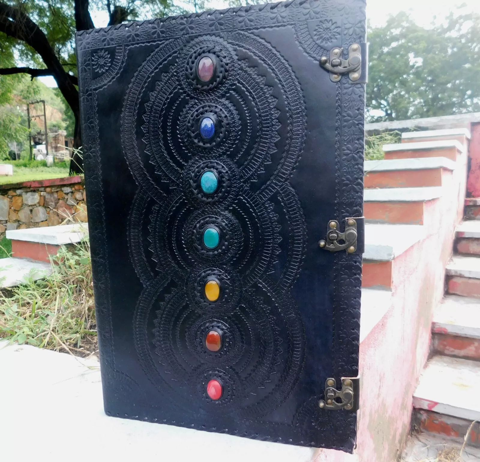 Handcrafted Embossed Design Vintage Leather Bound Journal Seven Stone Grimoire Diary Blank Notebook For Men & Women