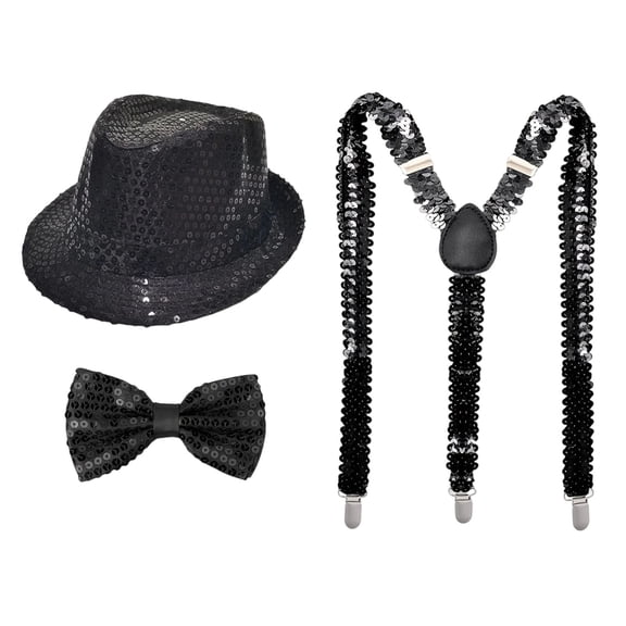 Magician Clothes Magician Accessories 1920s Mens Outfit 1920s Mens Accessories 1920s Mens Outfit Sequin Hat And Bowtie & Suspender Set, Black