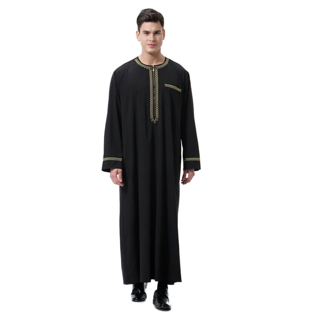 Kalauyu Long Sleeve Kaftan for Men - Button Down Islamic Thobe Arabic Robes Linen