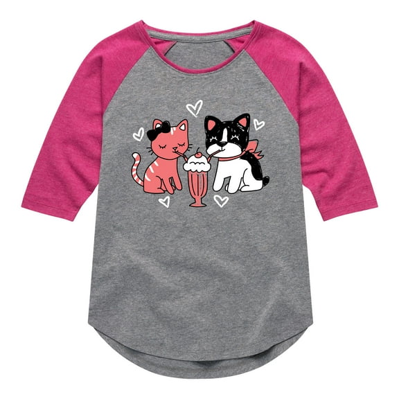 Instant Message - Cat And Dog With Milkshake - Toddler And Youth Girls Raglan Graphic T-Shirt