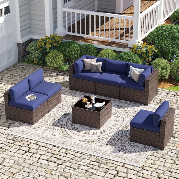 Sunmthink Patio Furniture Sets, 7-Piece Outdoor Patio Furniture with Thick Cushions, Wicker Outdoor Conversation Set and Waterproof Cover for Backyard, Poolside, Garden