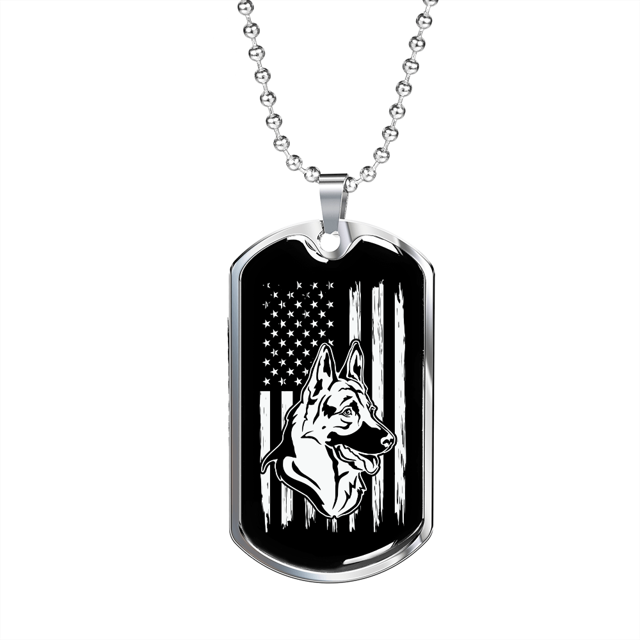 German Shepherd US Flag Necklace Stainless Steel or 18k Gold Dog Tag 24" Chain