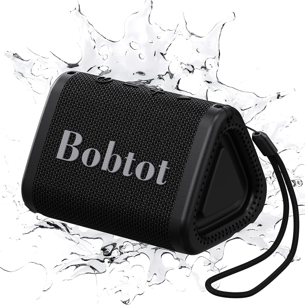 Bobtot Portable Bluetooth Speaker with Stereo Sound, IPX7 Waterproof Outdoor Speakers 25H Playing Time TWS Pairing for Party Camping Travel Great Gift Choice（Black）