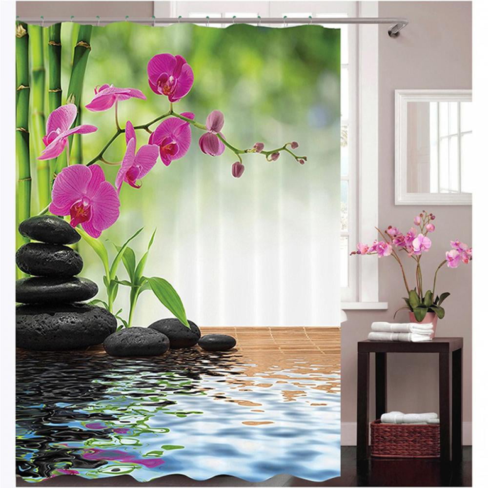 US 3D Shower Curtain Bathroom Stone Green Bamboos Printed Flower Bath Curtain 