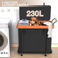 thumbnail image 3 of 60 Gal (230L) Laundry Hamper 3 Section with Lid, Leather Patchwork Laundry Sorter with Rolling Lockable Wheels and Handle, Laundry Basket Organizer for Laundry Room, Bedroom and Bathroom - Black, 3 of 11
