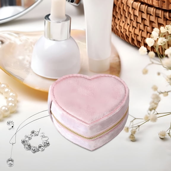 LAMIRO Travel Portable Heart Shape Jewelry Box, with Zipper Jewelry Storage Holder Jewelry Case Jewelry Organizer for Women Girls Earrings Gifts Pink