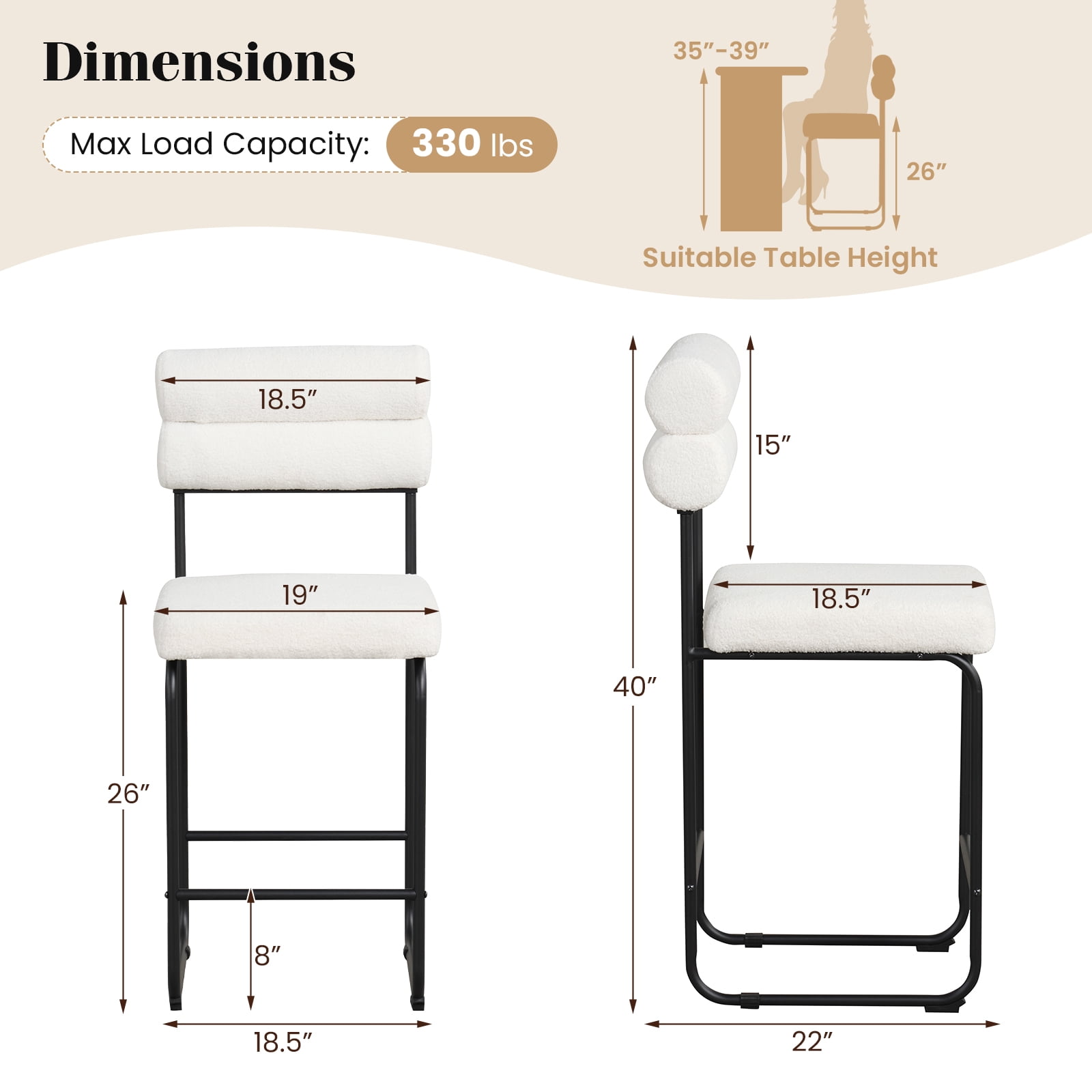 Gymax Set of 2 Counter Height Bar Stools 26'' Counter Stools w/ Metal Frame & Footrest White & Black