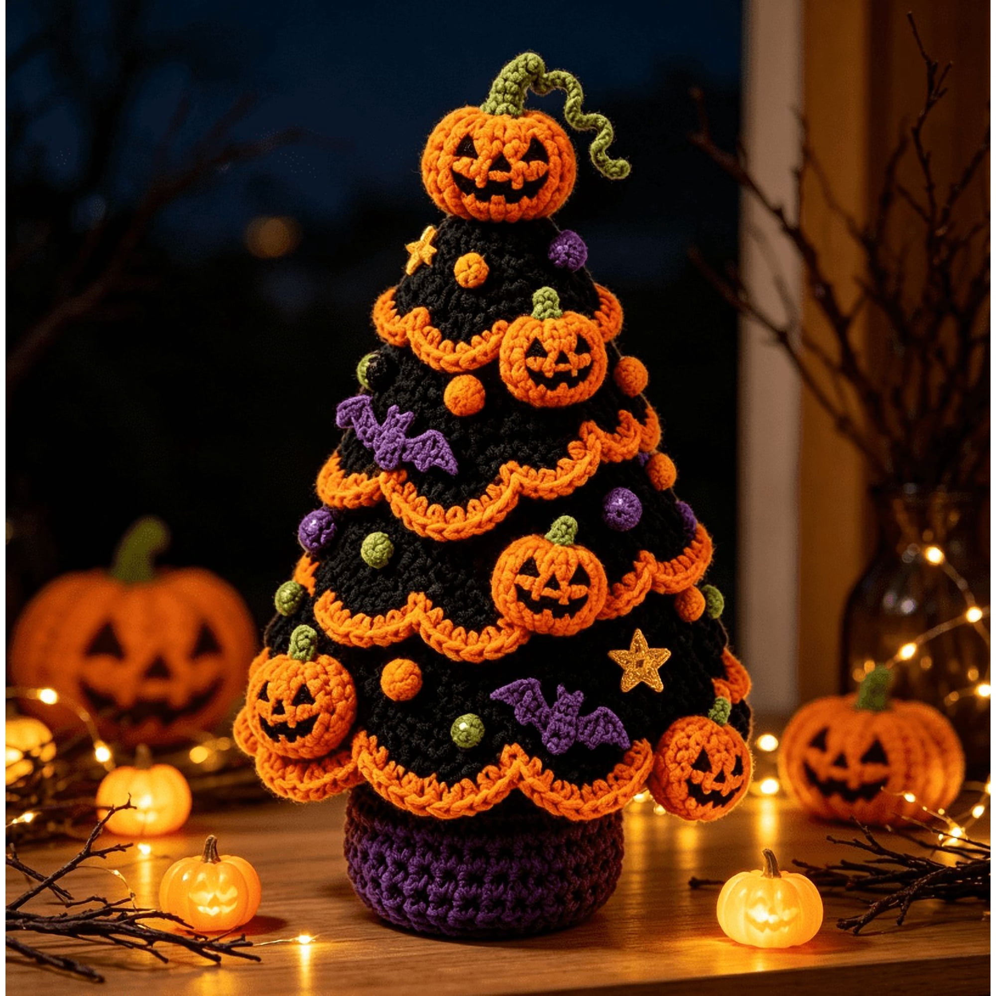 Halloween Tree DIY Crochet Kit Full Set of Crochet Materials with Pattern Book Relaxing Handcraft Activity Kit for Halloween Season Tabletop Ornament Creation